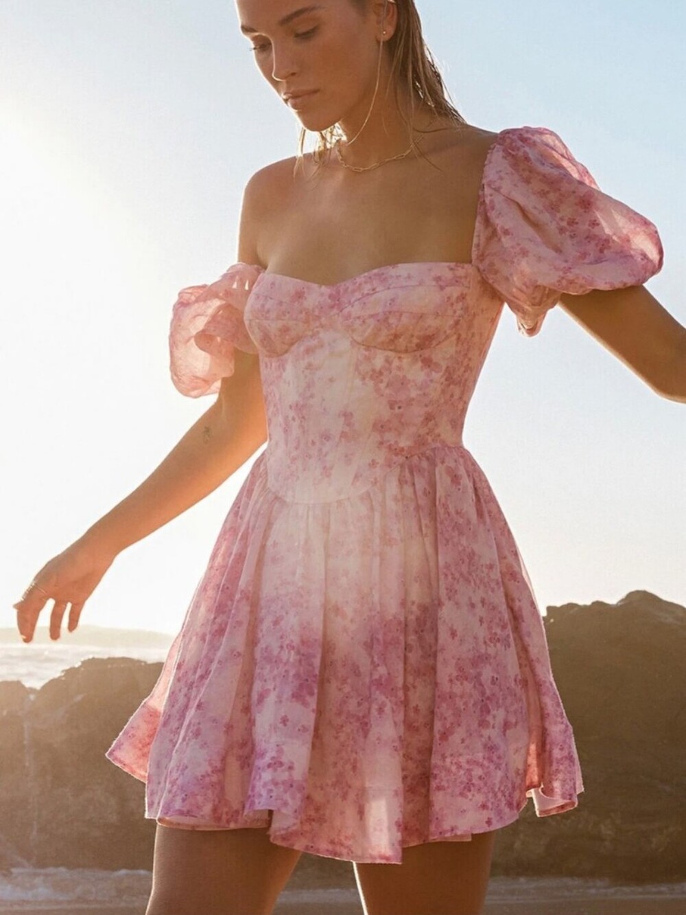 Bardot Kiah Corset Minidress Pink Floral Puff Sleeve Dress Medium 6 Coquette